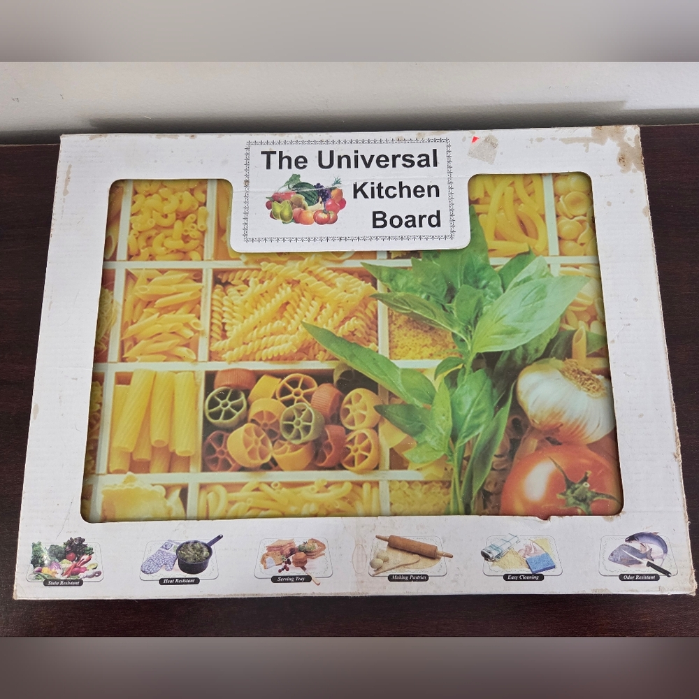 The Universal Kitchen Glass Cutting Board Pasta Vegetables Design 15 3/4" x 12"